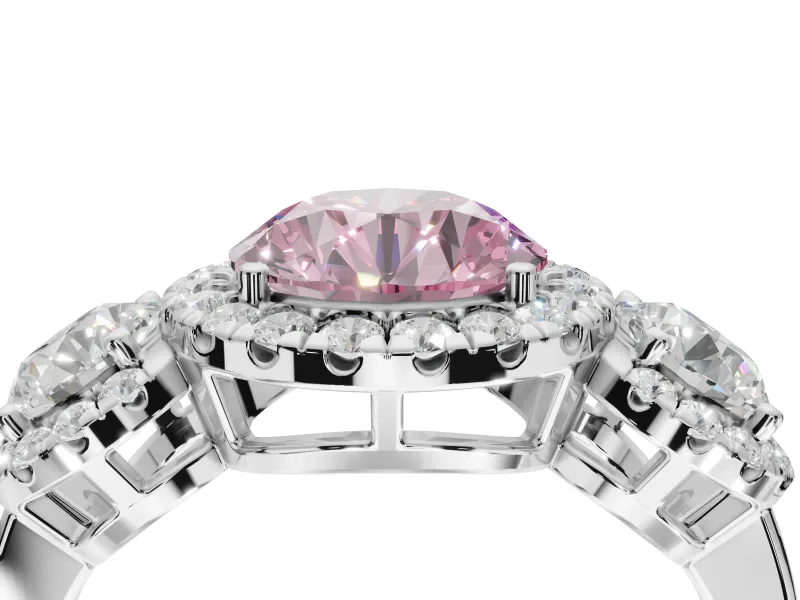 Round Three Stone Halo Engagement Ring Setting for a Fancy Pink Lab-Grown Diamond | Platinum