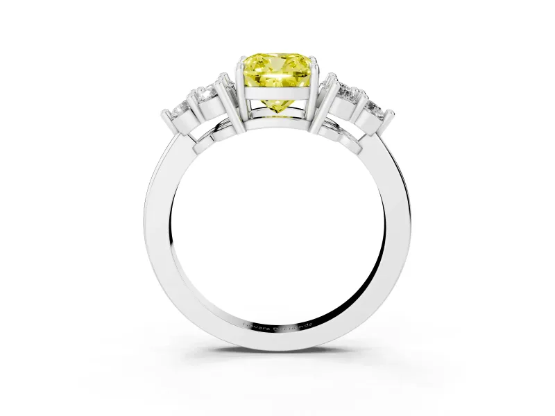 Fancy Yellow Cushion Cut Diamond Solitaire Ring Set in Platinum with Cluster Accents on Each Side