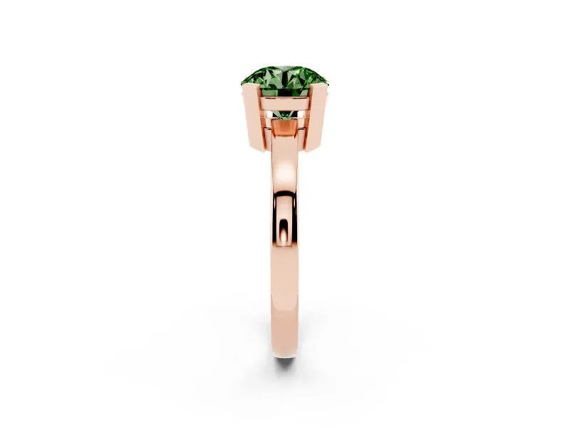 Fancy Green Round Cut Diamond Solitaire Ring Set in Rose gold with Prong Head and Smooth Polished Band