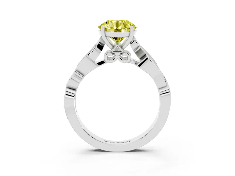 Fancy Yellow Round Cut Diamond Vine Band Solitaire Ring Set in Silver with Milgrain Prong Setting