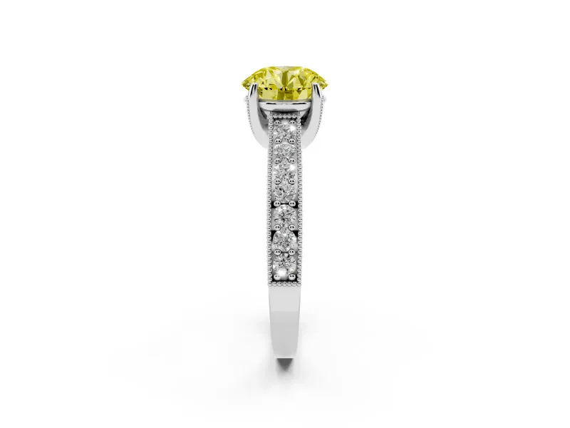 Round Vintage Hidden Halo Engagement Ring Setting for a Fancy Yellow Lab-Grown Diamond | Milgrain Pave Band | Platinum