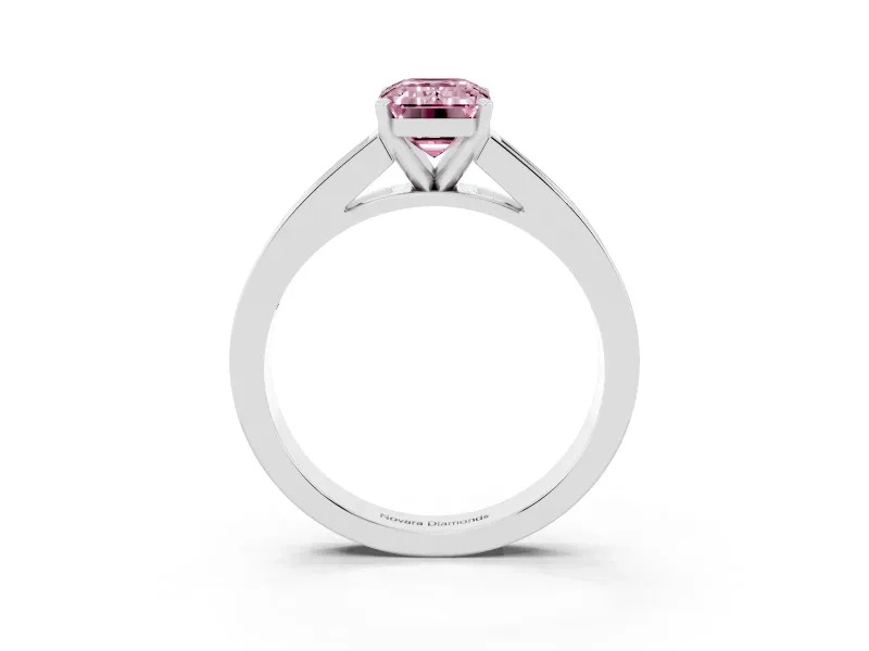 Fancy Pink Emerald Cut Diamond Solitaire Ring Set in Silver with Channel-Set Band and Prong Setting