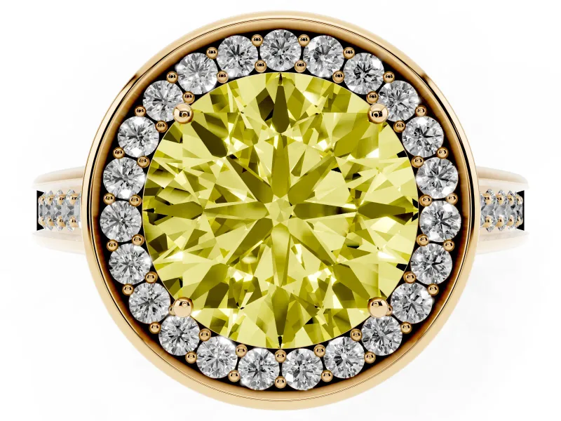 Fancy Yellow Round Cut Diamond Halo Solitaire Ring Set in Yellow gold with Pavé Band and Bezel Setting