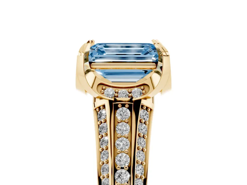 Fancy Blue Emerald Cut Diamond Pavé Split Shank Solitaire Ring Set in Yellow gold with Prong Setting