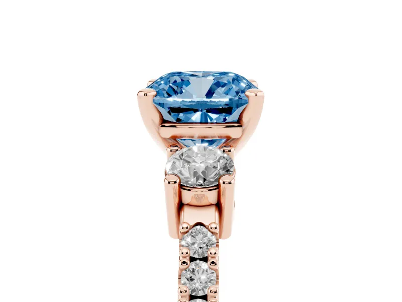 Fancy Blue Three-Stone Cushion Cut Diamond Pavé Band Ring Set in Rose gold with Prong Setting