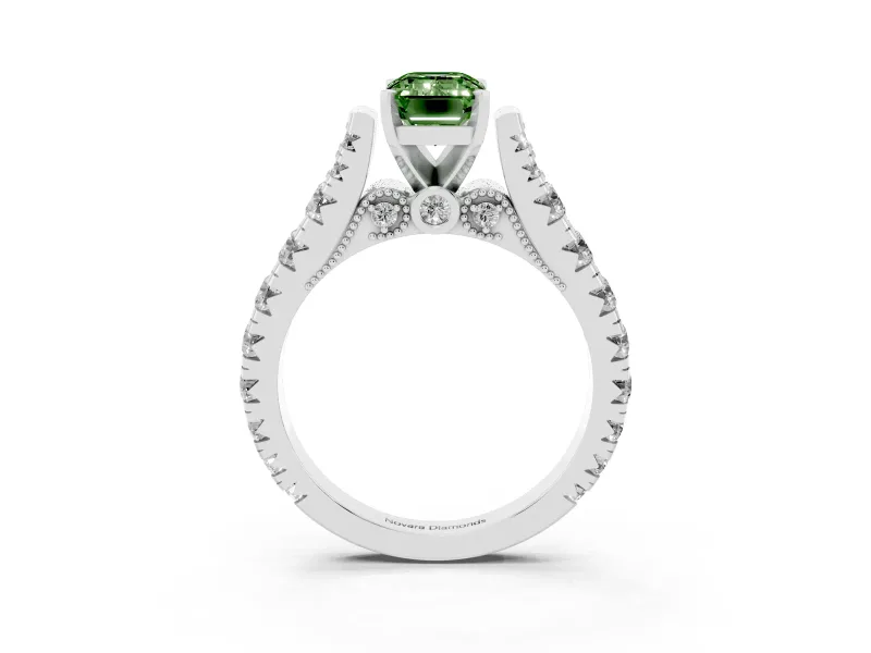 Fancy Green Emerald Cut Diamond Classic Solitaire Ring Set in Platinum with Pavé Band and Prong Setting