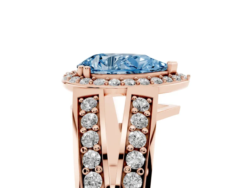Pear-Shaped Halo Engagement Ring Setting for a Fancy Blue Lab-Grown Diamond | Two-Row Pave Split Shank | Rose Gold