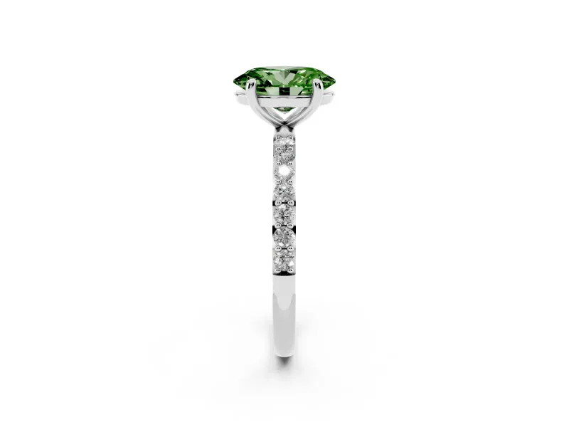 Fancy Green Oval Cut Diamond Solitaire Ring Set in White gold with Round Pavé Band and Prong Setting