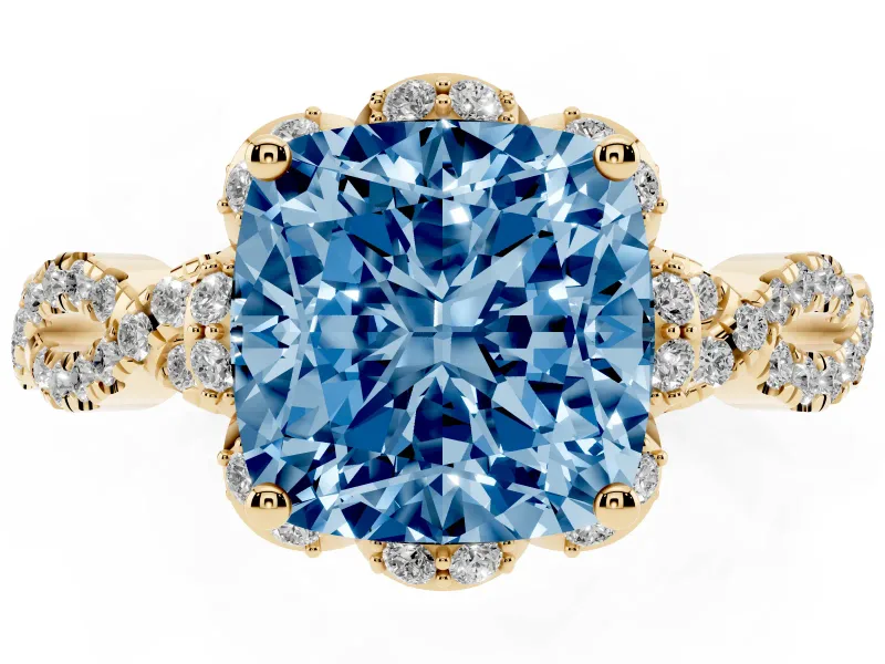 Fancy Blue Cushion Cut Diamond Halo Twist Band Solitaire Ring Set in Yellow gold with Prong-Set Center Stone