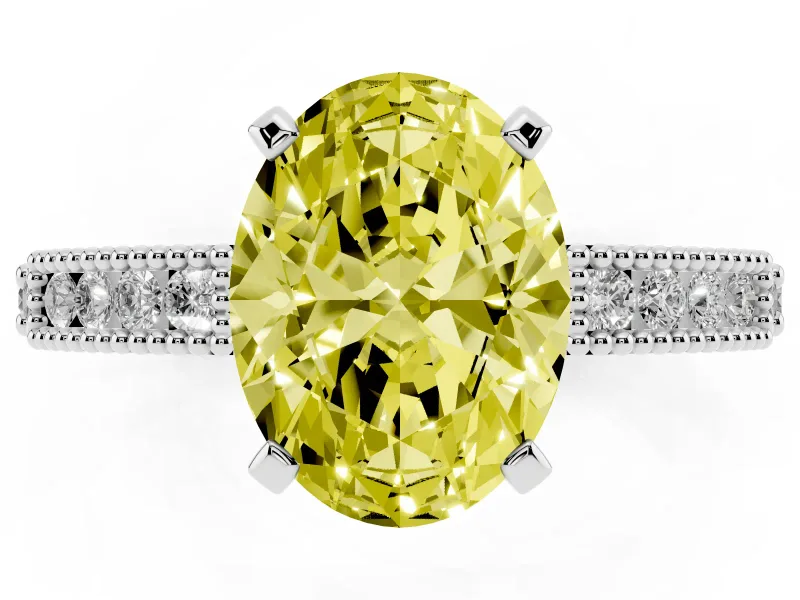 Fancy Yellow Oval Cut Diamond Solitaire Ring Set in Silver with Slim Pavé Band and Prong Setting