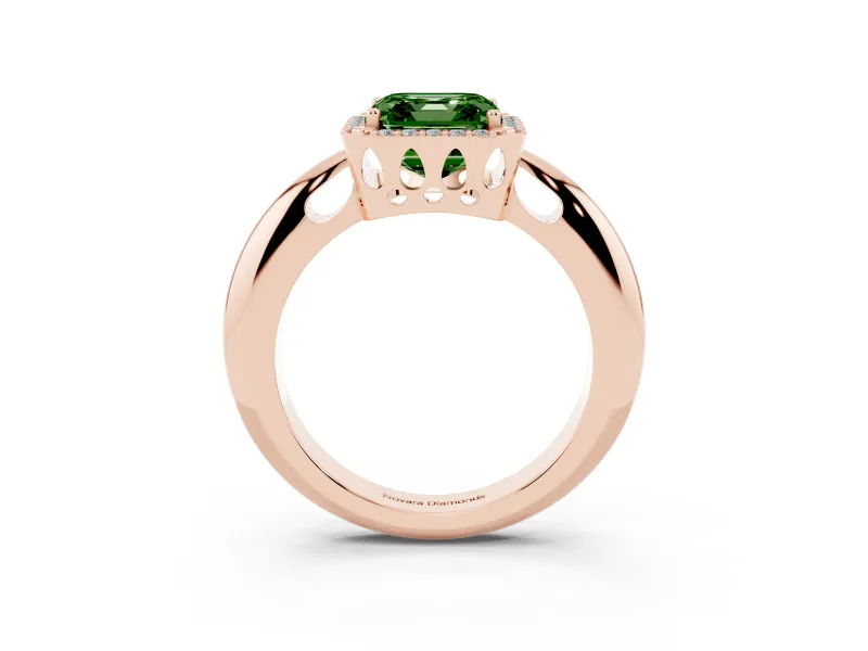 Fancy Green Asscher Cut Diamond Halo Engagement Ring Set in Rose gold with Plain Split Shank and Prong Setting