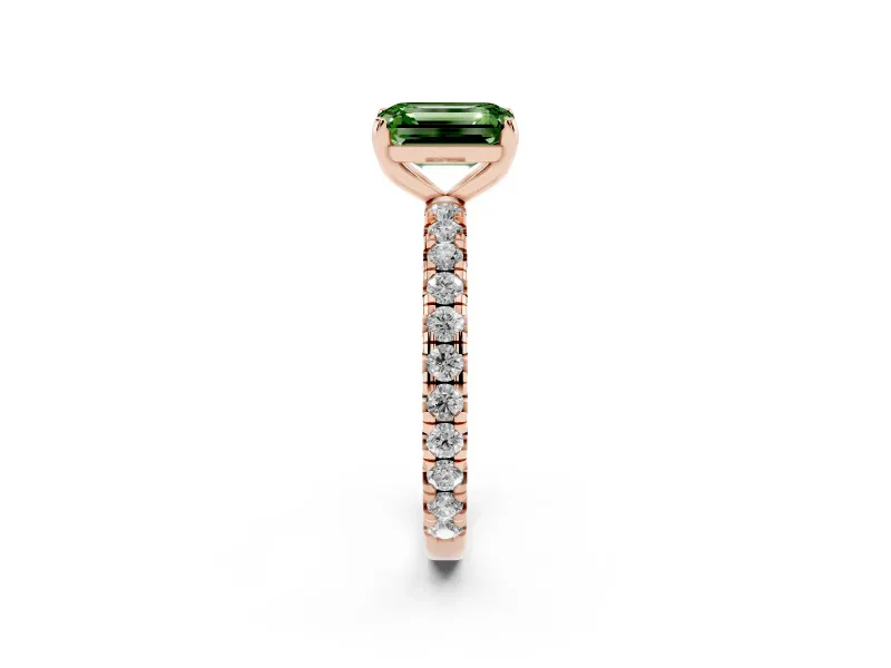 Fancy Green Emerald Cut Diamond Pavé Solitaire Ring Set in Rose gold with Round Band and Prong Setting
