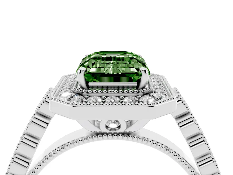 Emerald Cut Graduated Milgrain Halo Engagement Ring Setting for a Fancy Green Lab-Grown Diamond | White Gold