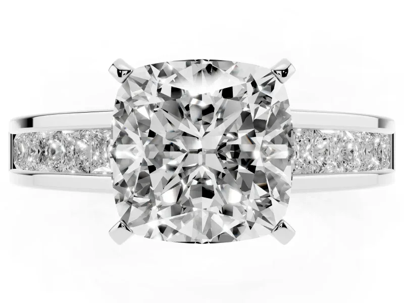 Cushion Cut Diamond Solitaire Ring Set in White gold with Channel-Set Band and Prong Setting