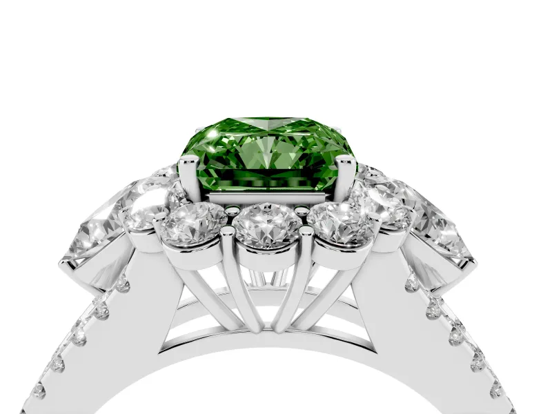 Fancy Green Radiant Cut Diamond Halo Split Shank Engagement Ring Set in Silver with Prong-Held Center Stone