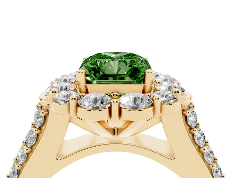 Fancy Green Radiant Cut Diamond Halo Engagement Ring Set in Yellow gold with Split Shank and Prong Setting