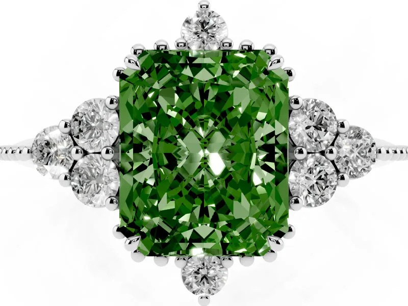 Fancy Green Radiant Cut Diamond Cluster Ring Set in Platinum with Beaded Band