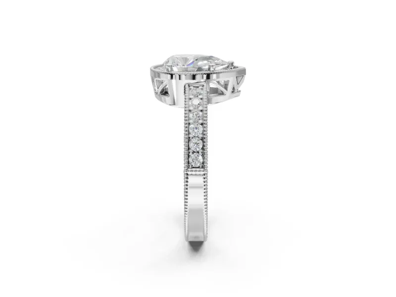 Pear-Shaped Vintage Milgrain Halo Engagement Ring Setting | Wide Pavé Band | White Gold