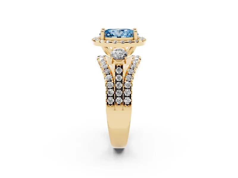 Oval Halo Split Shank Engagement Ring Setting for a Fancy Blue Lab-Grown Diamond | Round Side Stones | Yellow Gold