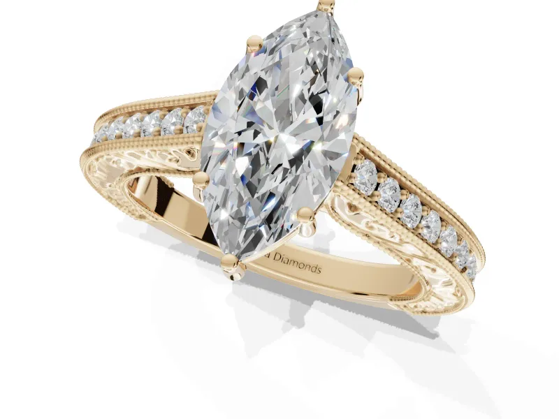 Marquise Vintage Engraved Pavé Engagement Ring Setting | Milgrain Edges | Yellow Gold