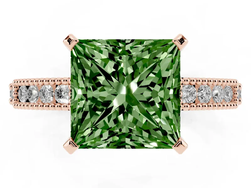 Princess Cut Vintage Pavé Engagement Ring Setting for a Fancy Green Lab-Grown Diamond | Rose Gold
