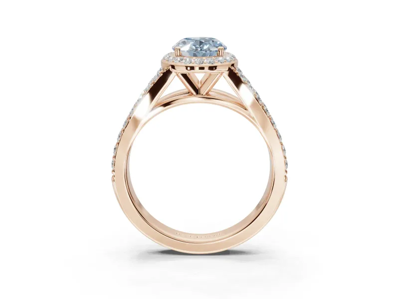 Oval Halo Pavé Engagement Ring Setting for a Fancy Blue Lab-Grown Diamond | Narrow Split Shank | Rose Gold