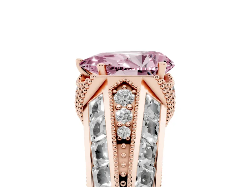 Fancy Pink Pear Cut Diamond Vintage-Inspired Milgrain Ring Set in Rose gold with Accent Split Shank