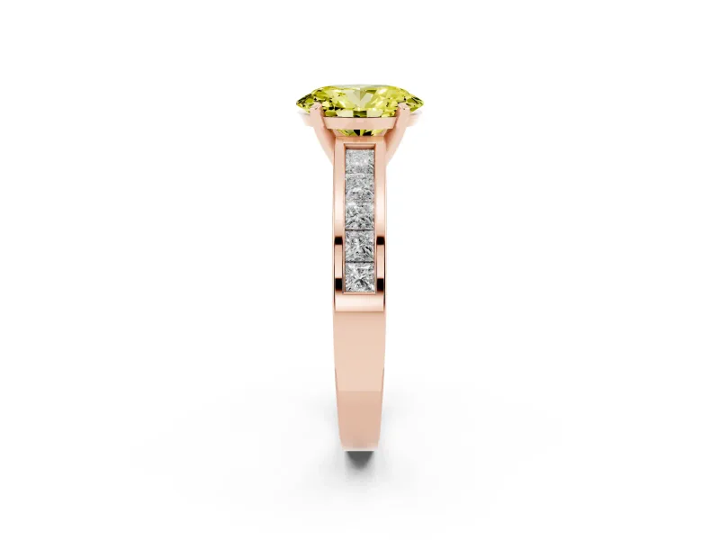 Fancy Yellow Oval Cut Diamond Solitaire Ring Set in Rose gold with Channel-Set Band and Prong Setting