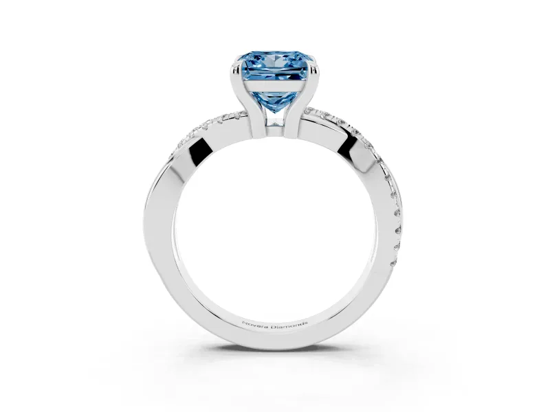 Fancy Blue Princess Cut Diamond Twist Band Solitaire Set in Silver with Pavé Accents and Prong Setting