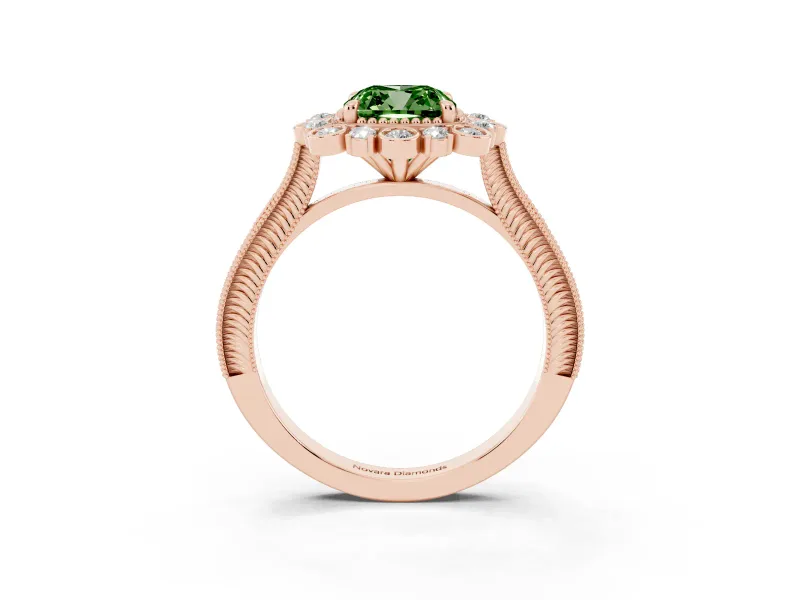 Fancy Green Cushion Cut Diamond Halo Milgrain Pavé Ring Set in Rose gold with Prong Setting