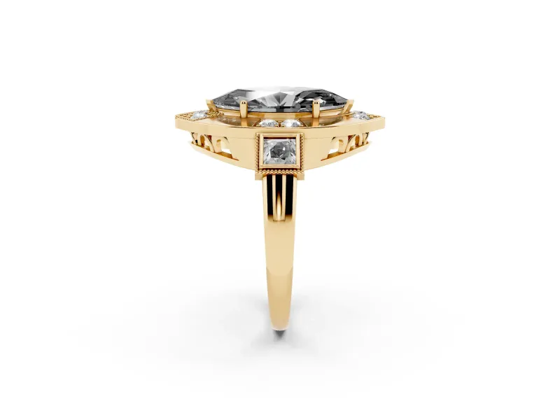 Marquise Milgrain Sectioned Halo Engagement Ring Setting for a Black Center | Yellow Gold