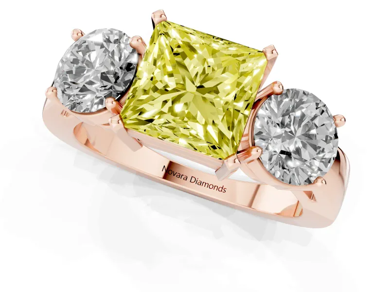 Princess Cut Three Stone Engagement Ring Setting for a Fancy Yellow Lab-Grown Diamond | Wide Plain Band | Rose Gold