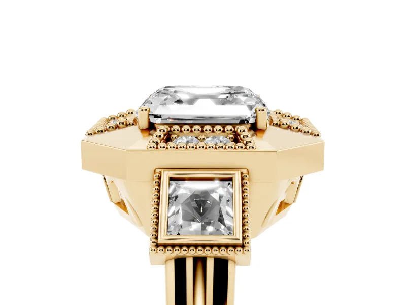 Asscher Cut Milgrain Sectioned Halo Engagement Ring Setting | Square-Framed Sides | Yellow Gold