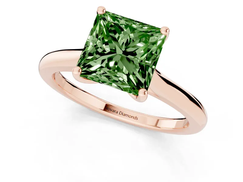 Fancy Green Princess Cut Diamond Solitaire Ring Set in Rose gold with Cathedral Band and Prong Setting