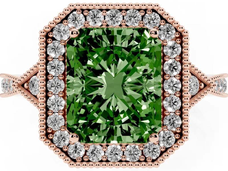 Fancy Green Radiant Cut Diamond Halo Engagement Ring Set in Rose gold with Milgrain Pavé Band