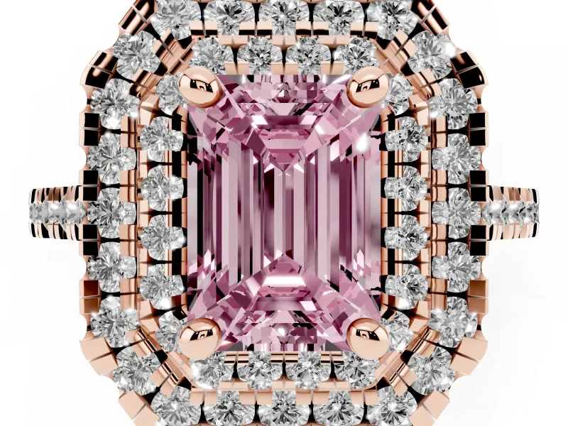 Emerald Cut Double Halo Engagement Ring Setting for a Fancy Pink Lab-Grown Diamond | Pave Shoulders | Rose Gold