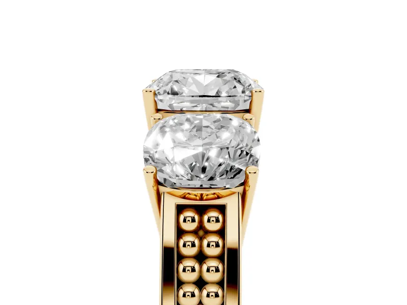 Cushion Cut Three Stone Engagement Ring Setting | Beaded Shoulders | Yellow Gold