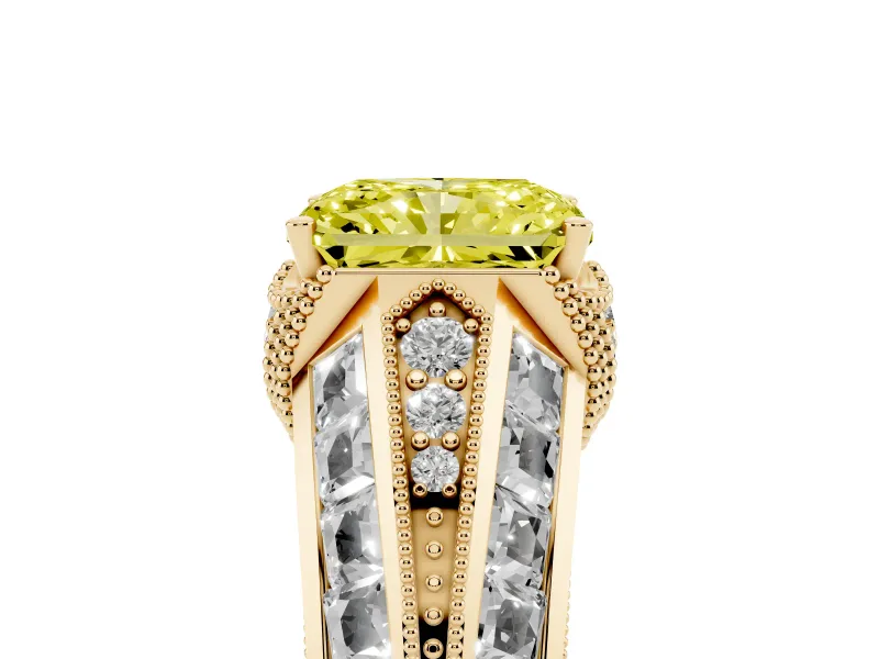 Fancy Yellow Radiant Cut Diamond Vintage-Inspired Milgrain Ring Set in Yellow gold with Accent Split Shank