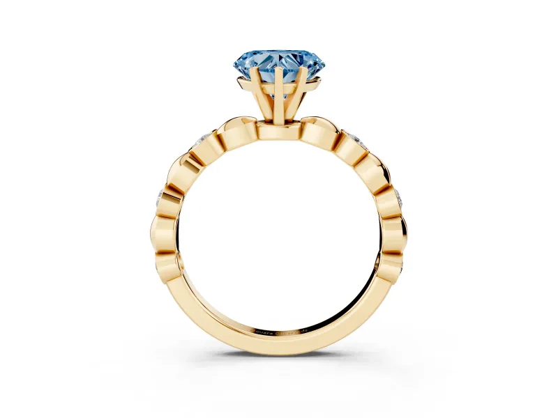 Fancy Blue Heart Cut Diamond Solitaire Ring Set in Yellow gold with Bezel-Set Accents on Beaded Band and Prong Setting