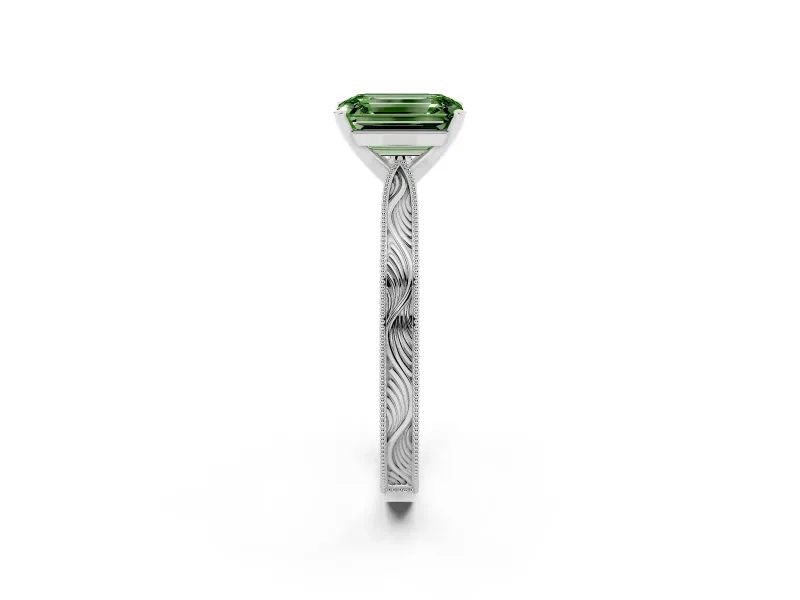Fancy Green Emerald Cut Diamond Solitaire Milgrain Engraved Band Set in Platinum with Prong Setting
