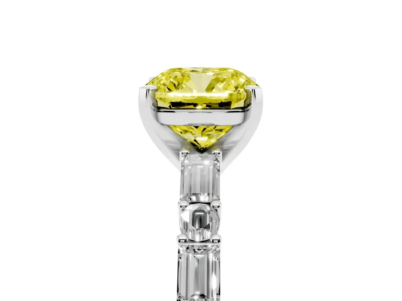 Fancy Yellow Cushion Cut Diamond Solitaire Set in Platinum with Side Baguettes and Channel Set Band