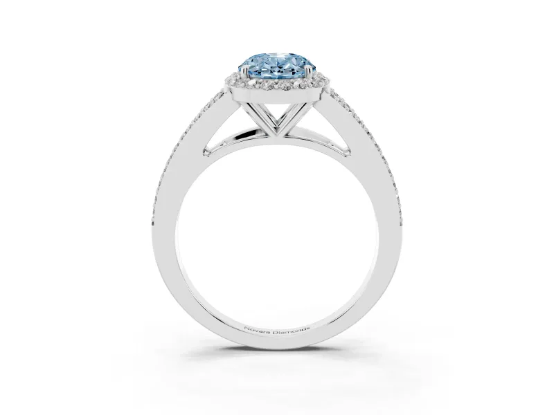 Oval Halo Engagement Ring Setting for a Fancy Blue Lab-Grown Diamond | V-Split Pavé Band | Platinum