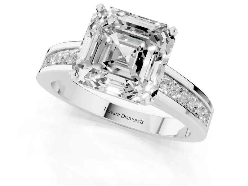 Asscher Cut Channel Set Engagement Ring Setting | Princess Cut Accents | White Gold
