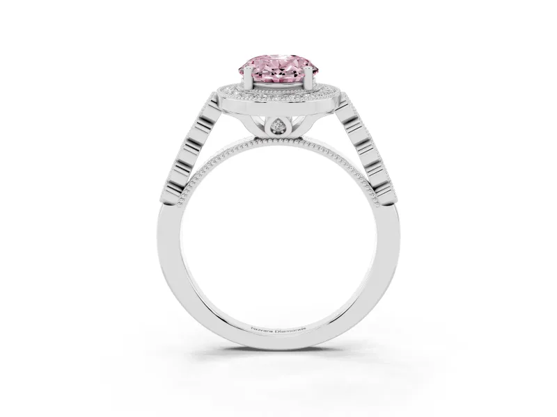 Fancy Pink Oval Cut Diamond Milgrain Halo Solitaire Ring Set in White gold with Bezel Set Side Stones and Pavé Band
