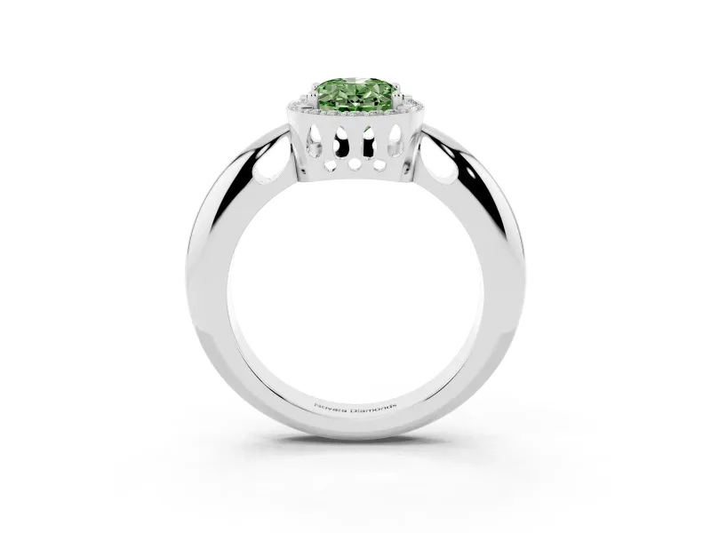 Fancy Green Oval Cut Diamond Halo Engagement Ring Set in White gold with Plain Split Shank and Prong Setting