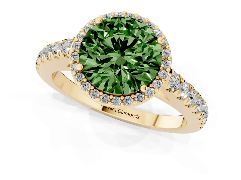 Fancy Green Round Cut Diamond Halo Engagement Ring Set in Yellow gold with Pavé Band and Prong Setting