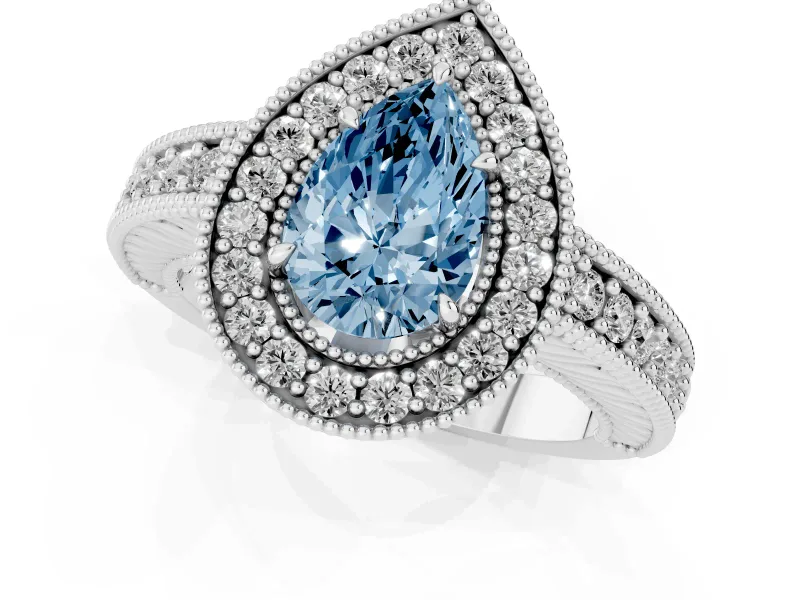 Fancy Blue Pear Cut Diamond Halo Ring Set in Platinum with Round Accent Halo, Pavé Band and Prong Setting