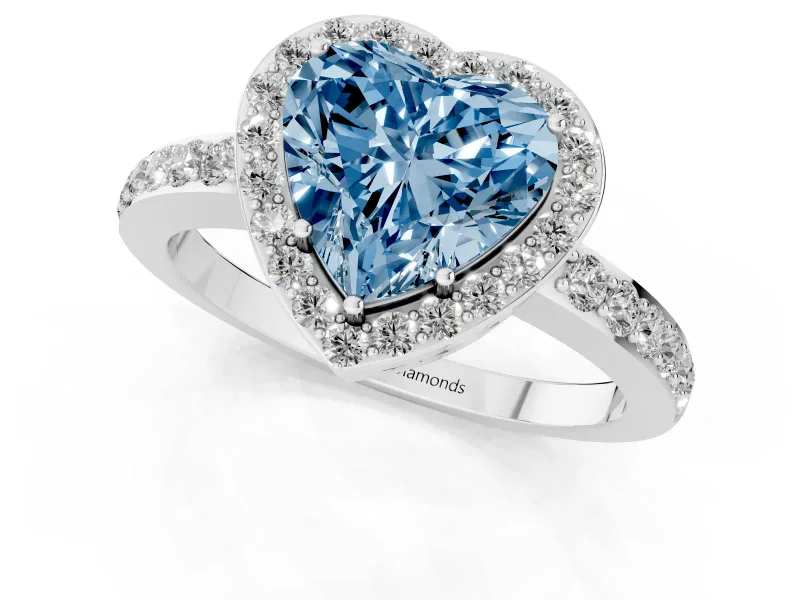 Fancy Blue Heart Cut Diamond Halo Ring Set in Silver with Pavé-Setting Band and Open Prong Center