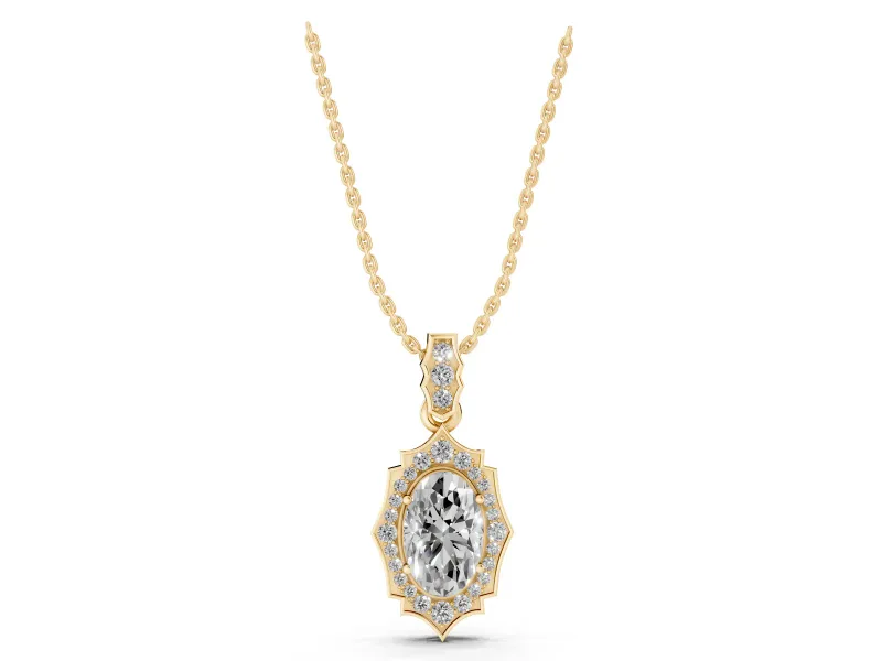 Oval Lab-Grown Diamond Art Deco Halo Pendant Necklace | Scalloped Frame | Yellow Gold