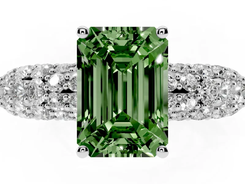 Emerald Cut Multi Row Pave Engagement Ring Setting for a Fancy Green Lab-Grown Diamond | Platinum